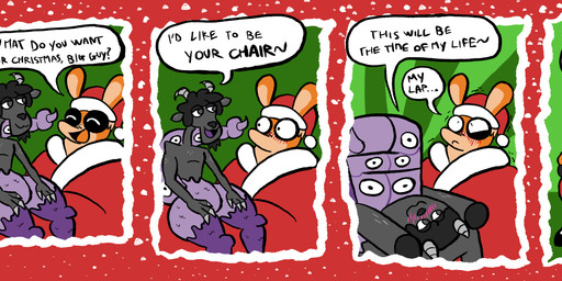 anthro armchair black_boots black_clothing black_footwear blush blush_lines boots chair clothing costume duo eyes_on_tail facesitting facial_hair footwear furniture goatee green_background grey_hair hair holidays horn inanimate_transformation instant_transformation male on_lap orange_hair purple_body purple_scales red_background red_clothing santa_costume scales scorpion_tail shoes simple_background sitting_on_another sitting_on_lap snowfall speech_bubble text transformation transformation_sequence orangedo69 christmas bor_(orangedo69) arachnid arthropod bovid caprine chimera goat hybrid inanimate_object lagomorph leporid mammal rabbit scorpion comic english_text hi_res sequence watermark