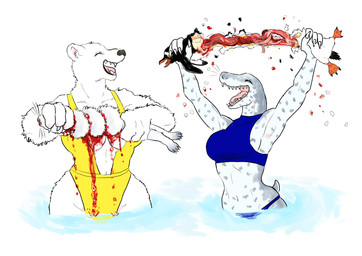 5_fingers anthro apron big_breasts bikini black_nose blood blue_bikini blue_clothing blue_swimwear bodily_fluids breasts claws cleavage clothed clothing duo eating eyes_closed fangs female fingers food fur gore grey_body group guts holding_object laugh markings meat muscular muscular_female navel one-piece_swimsuit open_mouth open_smile organs partially_submerged sharp_teeth simple_background smile spots swimwear teeth tongue two-piece_swimsuit water whiskers white_background white_body white_fur yellow_clothing kyokyota aquatic avian bear bird brush-tailed_penguin fish gentoo_penguin leopard_seal mammal penguin pinniped polar_bear seal ursine 2020 absurd_res hi_res
