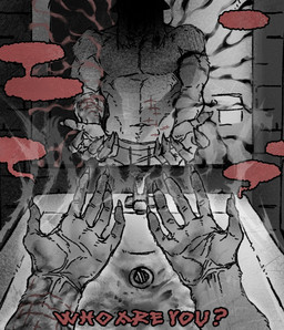 ambiguous_gender andromorph anthro dialogue faceless_character fangs fur grey_body grey_fur intersex looking_at_viewer male malice1002 mirror mirror_reflection reflection solo speech_bubble stating_intentions talking_to_viewer teeth text transformation anthropornorphic mythology canid canine canis human humanoid mammal mythological_canine mythological_creature taur werecanid werecanine werecreature werewolf wolf commissioner_name hi_res