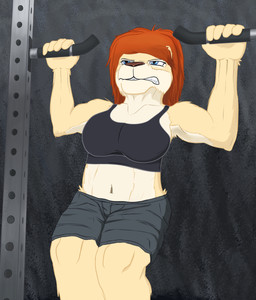 anthro bra clothing exercise female muscular muscular_female pull_up_bar solo sports_bra sportswear underwear workout pedantic_horror madison_(pedantic_horror) felid lion mammal pantherine colored hi_res