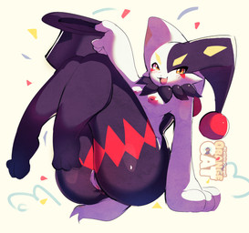 anthro anus black_body black_fur blush blush_lines breasts cheek_tuft clothing facial_tuft female fur genitals hat headgear headwear jester legs_up looking_at_viewer markings multicolored_body multicolored_fur neck_tuft nipples pose red_markings short_tail sitting small_breasts smile smiling_at_viewer solo tail top_hat tuft vulva white_body white_fur yellow_eyes yellow_markings catspicyorange5 palworld pocketpair dupin_(pal) lagomorph leporid mammal pal_(species) rabbit absurd_res hi_res