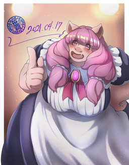 anthro big_breasts black_clothing black_dress blush border breasts clothing dress ears_up fangs female female_anthro gesture glistening glistening_hair gradient_background hair hand_gesture hand_on_hip looking_at_viewer maid_uniform open_mouth pink_body pink_eyes pink_hair pink_skin pointing pointing_at_viewer simple_background solo teeth uniform white_border sasanoha6011 raea_(sasanoha6011) domestic_pig mammal suid suine sus_(pig) 2021 hi_res