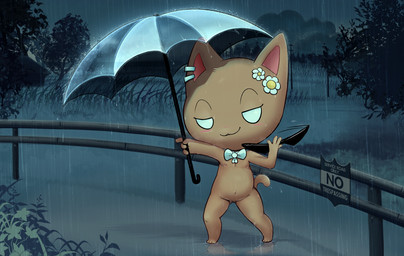anthro blush bodily_fluids bow_ribbon bow_tie chibi clothing coat detailed_background ear_piercing eyewear female flower_on_head gauged_ear genitals nipples nude parasol piercing public public_nudity raining solo sunglasses sweat topwear translucent umbrella vulva billmurray jubbi lily_(jubbimafu) domestic_cat felid feline felis mammal hi_res