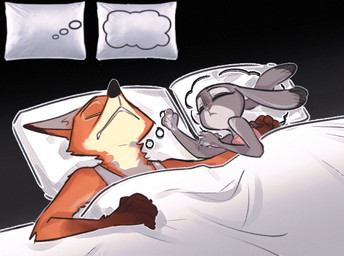 anthro bed_sheet bedding brown_body brown_fur clothed clothing duo eyebrows female fingers fur grey_body grey_fur interspecies long_ears male male/female orange_body orange_fur pillow predator/prey shirt sleeping tan_body tan_fur tank_top topwear meatballs_5u disney zootopia judy_hopps nick_wilde canid canine fox lagomorph leporid mammal rabbit digital_drawing_(artwork) digital_media_(artwork)