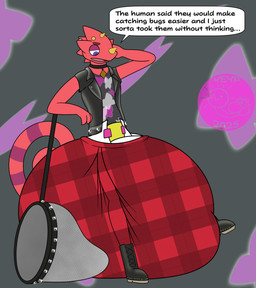 3_horns alternative_fashion anthro big_diaper boots butterfly_net clothing collar diaper exposed_diaper footwear footwearbhorn horn huge_diaper hyper_diaper jacket leaning_on_object leather leather_boots leather_clothing leather_footwear leather_jacket leather_topwear long_tail male markings multi_horn net piercing poof poof_effect prehensile_tail punk purple_eyes red_body red_scales scales scratching_head shoes short_horn small_horn solo striped_markings striped_tail stripes tail tail_markings text topwear yoshi-eats-your-pie animal_crossing nintendo flick_(animal_crossing) chameleon lizard reptile scalie english_text hi_res