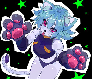 4_fingers anthro blue_hair clothing fingers green_star hair looking_at_viewer male pawpads pink_eyes pink_pawpads purple_clothing simple_background solo star tongue tongue_out white_body weezcore capcom mega_man_(series) hangeki felid feline mammal reploid 2025 hi_res