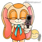 aiming aiming_at_viewer aiming_weapon anthro blush clothed clothing dipstick_ears ear_markings emoji eyes_closed female fur gloves gun hand_behind_back handgun handwear holding_gun holding_handgun holding_object holding_pistol holding_ranged_weapon holding_weapon long_ears multicolored_ears orange_body orange_fur pistol pointing_gun_at_viewer ranged_weapon simple_background smile solo tan_body tan_fur text weapon white_background young young_anthro young_female 1moreirrelevant sega sonic_the_hedgehog_(series) cream_the_rabbit lagomorph leporid mammal rabbit 2024 artist_name digital_media_(artwork) reference_image