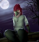 anthro beak bottomwear clothing dark feathers grey_beak hoodie male night orange_sclera pants plant red_body red_feathers sitting solo text topwear tree yellow_eyes jonas-puppeh ace-nb avismortis cody_(ace-nb/avismortis) avian bird hi_res url