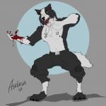 angry anthro blood blue_eyes bodily_fluids bottomwear bulge claws clothing dog_tags fangs fur grey_body grey_fur male nipples notched_ear pants red_eyes scar short_tail solo tail tattoo teeth violence white_body white_fur asatrua canid canine canis domestic_dog mammal 1:1 2017 hi_res