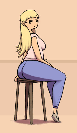 bar_stool big_butt blonde_hair bottomwear breasts butt clothing denim denim_bottomwear denim_clothing female footwear furniture grey_clothing grey_footwear grey_shoes hair jeans long_hair looking_back pants pink_clothing pink_shirt pink_topwear pointy_ears rear_view shirt shoes simple_background sitting sitting_on_bar_stool sitting_on_stool solo stool tan_background tan_body tan_skin topwear jubb elf humanoid 2021 signature