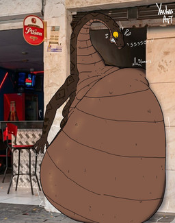 anthro apode belly belly_squish big_belly brown_arms brown_belly brown_body brown_neck brown_stripes duo huge_belly legless male rumbling_stomach serpentine sign squish stripes yellow_eyes yauhasart a_chance_encounter draconcopode human mammal naga reptile scalie snake 2026 hi_res meme watermark