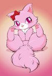 accessory blush bow_ribbon chest_tuft covering covering_crotch coy eyelashes female feral flat_chested fluffy fluffy_tail fur gradient_background hair_accessory hair_bow hair_ribbon hands_on_crotch leaning leaning_backward looking_aside mouth_closed nude pawpads paws pink_body pink_eyes pink_fur pink_nose ribbons semi-anthro simple_background sitting solo tail thick_thighs tongue tongue_out tuft white_body white_fur 638t jewelpet sanrio sega_fave garnet_(jewelpet) domestic_cat felid feline felis mammal persian_cat 2024 hi_res