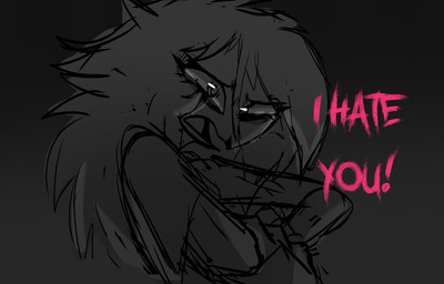 anthro beak bodily_fluids crossed_arms crying dialogue female hair long_hair looking_at_viewer pink_text sad simple_background sitting solo tears text yelling teathekook hellaverse helluva_boss octavia_(helluva_boss) avian bird owl owl_demon english_text hi_res