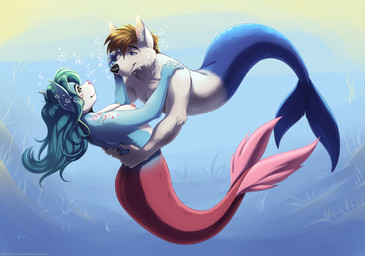 anthro blue_body blue_eyes blue_fur blue_hair blue_scales blue_tail breasts brown_hair bubble countershading dancing female freckled_face freckled_shoulders freckles fur hair hands_around_waist hands_on_shoulders legless male male/female mermaid_tail nipples nude nude_anthro nude_female nude_male red_body red_scales red_tail scales sea seabed smile split_form tail underwater water white_body white_countershading white_fur elke_(artist) gamer101_123_(fursona) aquatic arctic_wolf canid canine canis domestic_cat felid feline felis mammal merfolk wolf 2024 hi_res