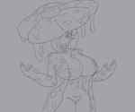 2022 3_fingers big_breasts black_and_white breasts dripping female fingers fusion gardevoir generation_1_pokemon generation_3_pokemon genitals grey_background hair hair_over_eye hi_res humanoid hybrid hybrid_pokemon line_art long_tongue looking_at_viewer markings monochrome nintendo nipples not_furry nude one_eye_obstructed oozing pokemon pokemon_(species) pussy reapcreates831 simple_background solo spots spotted_body tongue toxins vileplume