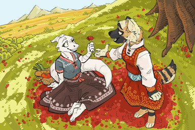 anthro barefoot basket black_body black_fur bottomwear breasts clothing container duo eye_contact feet female flower food fur grass high-angle_view looking_at_another markings medium_breasts monotone_body monotone_scales mountain multicolored_body multicolored_fur non-mammal_breasts one_eye_closed open_mouth outside plant scales sitting sitting_on_ground skirt sky small_breasts smile smiling_at_another standing striped_body striped_fur striped_markings striped_tail stripes tail tail_markings tan_body tan_fur teeth teeth_showing text tree white_body white_scales wink winking_at_another mawkvlt european_mythology mythology julia_serrano_(eumie_de_ville) dragon gulonine mammal mustelid musteline mythological_creature mythological_scalie scalie western_dragon wolverine 3:2 english_text hi_res