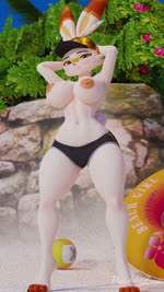 3d_(artwork) 3d_animation 9:16 animated anthro anthrofied areola ball barefoot beach beach_ball big_breasts breasts clothed clothing day detailed_background digital_media_(artwork) dividebyezer0 feet female generation_8_pokemon hands_behind_head hat headgear headwear hi_res inflatable lagomorph low-angle_view mammal navel nintendo nipple_piercing nipples no_sound outside piercing pokemon pokemon_(species) pokemorph presenting presenting_breasts sand scorbunny scorbunny_(valorlynz) shaking_breasts short_playtime smile solo thong topless underwear webm wide_hips