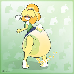 accessory anthro big_diaper biped blouse blush bodily_fluids bottomwear clothed clothing diaper diaper_under_clothing diaper_under_skirt exposed_diaper female genital_fluids hair_accessory hair_tie half-closed_eyes huge_diaper narrowed_eyes open_mouth relieved skirt solo sound_effects topwear unclean_diaper urine used_diaper using_diaper wearing_diaper wet_diaper wetting wetting_diaper yellow_body the_sheepl animal_crossing nintendo isabelle_(animal_crossing) canid canine canis domestic_dog mammal shih_tzu toy_dog 1:1 absurd_res hi_res