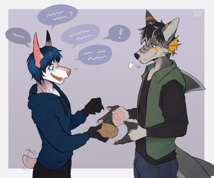 andromorph anthro clothed clothed_anthro clothing confusion dorsal_fin duo ear_fins excited_expression facial_piercing fin fossil furgonomic_piercing furgonomics intersex male muzzle_piercing nose_piercing piercing shark_fin speech_bubble strayserval lucian_(infamouslygay) rick_marks aquatic canid canine canis dobermann domestic_dog fish fox hybrid mammal pinscher shark absurd_res hi_res