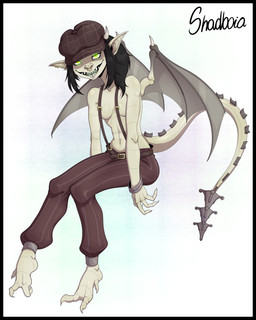 barefoot black_hair bottomwear breasts brown_bottomwear brown_clothing brown_hat brown_headwear brown_pants clothing ear_piercing facial_piercing feet female flat_cap front_view glowing glowing_eyes green_eyes green_tongue grey_wings hair hat headgear headwear looking_at_viewer membrane_(anatomy) membranous_wings navel nose_piercing nose_ring open_mouth open_smile pants piercing ring_piercing sharp_teeth sitting small_breasts smile solo suspenders tail tail_ridge teeth tongue wings shadboya deadlock_(game) valve ivy_(deadlock) gargoyle humanoid absurd_res hi_res