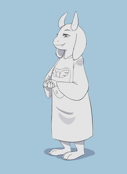 3_toes anthro barefoot clasped_hands clothing dress fangs feet female horn logo_on_clothing long_ears side_view simple_background smile solo teeth toes ruffu undertale_(series) toriel bovid caprine goat mammal digital_drawing_(artwork) digital_media_(artwork) hi_res sketch