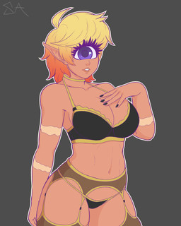 1_eye breasts cleavage clothed clothing colored_nails eyelashes female grey_background hair humanoid_pointy_ears lingerie looking_at_viewer multicolored_hair nails not_furry pointy_ears purple_eyes short_hair simple_background solo two_tone_hair souladdicted viviana_(souladdicted) cyclops 2018 4:5 absurd_res hi_res
