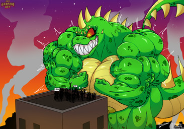 anthro areola big_breasts big_muscles breasts female green_body green_scales group huge_breasts huge_muscles hyper hyper_breasts hyper_muscles macro muscular muscular_anthro muscular_female nipples red_sclera scales sharp_teeth spikes spikes_(anatomy) tail teeth text yellow_eyes rampageguy rampage_(game) lizzie_(rampage) dinosaur human kaiju mammal prehistoric_species reptile scalie 2024 artist_name dated hi_res