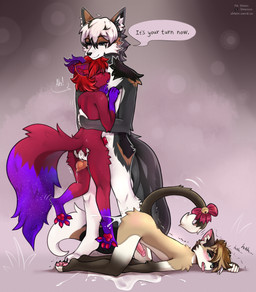 2_finger_fingering 4_toes accessory after_anal after_sex all_fours anal anal_fingering animal_genitalia animal_penis anthro anthro_fingered anthro_fingering anthro_fingering_anthro anthro_on_anthro antlers arm_markings ass_up bell biped black_body black_claws black_ears black_eyebrows black_fur black_highlights black_inner_ear black_nose black_tail black_text blue_eyes blush blush_lines bodily_fluids bow_ribbon brown_body brown_ears brown_fur brown_hair brown_markings canine_genitalia canine_penis cheek_tuft claws closed_smile countershade_face countershade_fur countershade_neck countershade_torso countershading cum cum_in_ass cum_inside cum_pool cute_fangs dialogue dipstick_tail ear_markings erection eyebrow_through_hair eyebrows facial_tuft fangs feet fingering fingering_partner fingerless_(marking) fingers fluffy fluffy_tail fucked_silly fur fur_markings furgonomics genital_fluids genitals gloves_(marking) grey_background grey_body grey_fur grey_markings group hair highlights_(coloring) horn hug hugging_another humanoid_genitalia humanoid_hands humanoid_penis inner_ear_fluff knot knotted_penis larger_male leaking_precum leg_markings lifting_another lifting_partner long_tail looking_pleasured male male/male male_anthro male_fingered male_fingering male_fingering_male markings moan monotone_hair mouth_closed multicolored_body multicolored_ears multicolored_fur multicolored_hair narrowed_eyes open_mouth orange_penis pawpads paws penis pink_blush pink_inner_ear pink_penis pointy_ears precum prick_ears pupils purple_antlers purple_body purple_ears purple_fur purple_horn purple_markings purple_tail_tip purple_tongue raised_leg red_body red_ears red_fur red_hair red_inner_ear red_inner_ear_fluff red_pawpads red_penis red_stripes red_tuft ribbons sex short_hair shoulder_markings simple_background size_difference slim slim_anthro slim_male smaller_fingered smaller_male smile socks_(marking) spread_toes stand_and_carry_position standing standing_sex striped_ears stripes tail tail_accessory tail_bell tail_bow tail_markings tail_ribbon talking_to_another talking_to_partner tan_body tan_fur tan_hair teeth text toe_claws toeless_(marking) toes tongue tongue_out translucent translucent_hair trio tuft two_tone_hair wet white_body white_countershading white_fingers white_fur white_inner_ear_fluff white_markings white_sclera white_tail_tip white_text white_tuft shtein crossa shiro_koyomi canid canine domestic_cat felid feline felis fox mammal marble_fox red_fox true_fox english_description english_text hi_res
