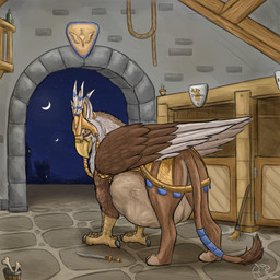 abdominal_bulge armor beak bone brown_body brown_fur bucket butt cactus container feral feral_pred fully_inside fur group headgear helmet looking_at_belly male male_pred melee_weapon night plant red_eyes side_butt stable sword tail trio vore weapon wings thatgryphonguy mythology avian gryphon mythological_avian mythological_creature 1:1 hi_res story story_in_description