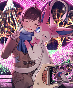 ambiguous_gender blue_eyes blue_inner_ear blue_scarf blush blush_lines bodily_fluids bow_(anatomy) breath bright bright_light brown_clothing brown_coat brown_hair brown_topwear cellphone closed_smile clothing coat detailed_background duo_focus electronics eyebrow_through_hair eyebrows eyes_closed feral fur gesture glistening glistening_eyes group hair hand_gesture heart_symbol hug male mouth_closed multicolored_body multicolored_fur one_eye_closed open_mouth open_smile phone photo pink_body pink_fur plant pose scarf smartphone smile string_lights sweat sweatdrop tail topwear translucent translucent_hair tree trio v_sign white_body white_fur wink kaminokefusa nintendo pokemon florian_(pokemon) eeveelution generation_6_pokemon human mammal pokemon_(species) sylveon 2025 hi_res watermark