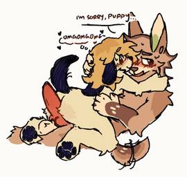 animal_genitalia animal_penis anthro areola arm_tuft balls black_ears black_nose black_tail blonde_hair blush bodily_fluids breasts brown_body brown_ears brown_eyes brown_fur brown_nose brown_tail brown_tuft canine_genitalia canine_penis cheek_tuft claws closed_smile dialogue duo ear_tuft elbow_tuft facial_tuft female fur genitals grinding hair heart_reaction heart_symbol hot_dogging hug knot knotted_penis looking_at_viewer lying lying_on_another male male/female markings mouth_closed nude nude_anthro on_back open_mouth open_smile paws penis pink_areola red_penis sex simple_background small_breasts smile speech_bubble spots spotted_body spotted_fur sweat sweatdrop tail tail_motion tailwag tan_body tan_fur text thought_bubble tuft white_background kibblebytez canid canine canis domestic_dog mammal wolf 2025 colored digital_drawing_(artwork) digital_media_(artwork) english_text