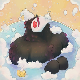 bath bathing bathtub black_body black_feathers black_fur bubble bubble_bath feathers fur happy knees_out_of_water male red_eyes rubber_duck soap_bubbles solo water kirabari deltarune undertale_(series) avian darkner swatchling 1:1 absurd_res hi_res