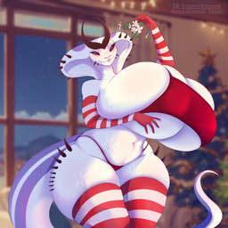 anthro big_breasts black_sclera bra breasts clothing female gloves handwear holding_breast holding_object holidays horn huge_breasts huge_thighs hyper hyper_breasts legwear markings mistletoe panties pattern_clothing pattern_gloves pattern_handwear pattern_legwear plant purple_eyes red_bra red_clothing red_panties red_underwear scales solo spikes spikes_(anatomy) stockings striped_clothing striped_gloves striped_handwear striped_legwear stripes tail thick_thighs tight_thigh_highs underwear white_body white_scales ernestaugust christmas glacius_cryogens_parlyson cobra reptile scalie snake hi_res