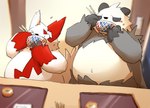 anthro belly biped black_body black_fur blush detailed_background duo eating fur inside kemono overweight red_body white_body white_fur avoid_posting wanisuke nintendo pokemon generation_3_pokemon generation_6_pokemon pangoro pokemon_(species) zangoose 2021