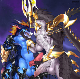 anthro balls blue_body blue_scales blush corruption dominant dominant_male duo erection forced forced_transformation genitals glistening goo_transformation grey_body grey_scales hand_on_chin holding_penis humanoid_genitalia humanoid_penis latex male male/male mind_control mostly_nude night nude outside penis ribbed_penis ringed_eyes scales space star submissive submissive_male tail takeover transformation vein veiny_penis hellomyboi1028 cygames dragalia_lost mythology nintendo chronos_(dragalia_lost) teryx_commodore dragon mythological_creature mythological_scalie scalie hi_res
