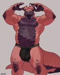 anthro bebebebebe biped bulge claws clothed clothing dragon finger_claws hi_res jockstrap jockstrap_only male musclegut muscular muscular_anthro muscular_male mythological_creature mythological_scalie mythology scalie slightly_chubby solo standing tail teeth topless underwear underwear_only