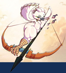 anthro arrow_(weapon) beak big_butt bow_(weapon) butt feet flexible green_eyes looking_at_viewer male nude ranged_weapon shota solo thick_thighs weapon white_body wide_hips wings young young_anthro young_male senordraws menacing_(meme) nintendo the_legend_of_zelda tulin_(tloz) avian rito meme