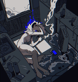 anthro appliance breasts cigarette cocaine cutlery drugs eyes_closed featureless_breasts female fridge hand_on_head kitchen_appliance kitchen_utensils lying messy nude on_ground on_side paws running_water shadow sink smoke smoking smoking_cigarette solo spoon tools window deceased_bunny mammal monochrome