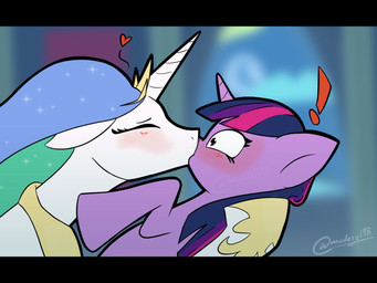 blush crown duo exclamation_point female female/female feral headgear heart_symbol horn kissing scrunchy_face surprised madezel98 friendship_is_magic hasbro my_little_pony mythology princess_celestia_(mlp) twilight_sparkle_(mlp) equid equine mammal mythological_creature mythological_equine unicorn