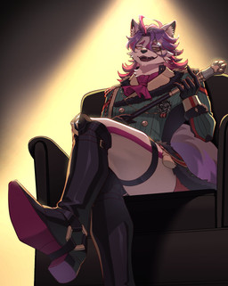 anthro boots bottomwear clothing eyewear fancy_clothing footwear fur green_clothing green_topwear grey_body grey_fur hair handwear high_boots holding_scepter kerchief leg_belt looking_at_viewer male monocle multicolored_body multicolored_fur neckerchief neckwear open_mouth pants purple_hair scepter shoes sitting_on_armchair solo tail topwear two_tone_body two_tone_fur white_body white_bottomwear white_clothing white_fur white_pants yellow_eyes dapa_tf compass_(combat_providence_analysis_system) charles_richter_(compass) canid canine canis mammal wolf 2026 absurd_res hi_res