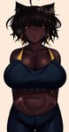 big_breasts blush bodily_fluids breasts brown_hair cleavage clothed clothing dark_body dark_skin ear_piercing ear_ring female hair piercing red_eyes ring_piercing solo sweat kevbot animal_humanoid cat_humanoid felid felid_humanoid feline feline_humanoid humanoid mammal mammal_humanoid hi_res