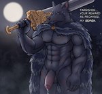 5_fingers abdominal_scar abs anthro arm_scar aroused athletic athletic_male balls biceps black_body black_fur black_nose bodily_fluids chest_scar claws cloak clothing cum cum_drip dialogue dripping ear_tuft facial_scar fingers foreskin forest front_view full_moon fur fur_cloak genital_fluids genitals glans gold_(metal) grass half-erect holding_melee_weapon holding_object holding_sword holding_weapon humanoid_genitalia humanoid_penis jewelry leg_scar light lip_scar male manly melee_weapon monotone_body monotone_fur moon moonlight mostly_nude muscular muscular_male navel night nipples outside pecs penis plant precum purple_eyes raised_arm scar sky solo standing star starry_sky sweat sweatdrop sword teeth_showing text tree triceps tuft weapon owolgy elden_ring fromsoftware blaidd_(elden_ring) canid canine canis mammal wolf english_text half-length_portrait hi_res portrait