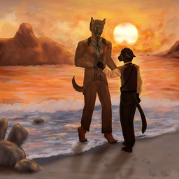 alternate_species anthro barefoot beach black_body black_bottomwear black_clothing black_fur black_pants bottomwear brown_body brown_bottomwear brown_clothing brown_fur brown_hair brown_jacket brown_pants brown_topwear clothed clothing detailed_background duo ears_down feet footprint fully_clothed fur furrification grey_body grey_fur hair hand_holding jacket male male/male orange_sky outside pants pawprint pivoted_ears rock sand sea short_hair size_difference sky sun sunset tail topwear vest wallet_chain water chorny_vasiliok john_watson sherlock_holmes canid canine canis domestic_dog herding_dog malinois_dog mammal pastoral_dog sheepdog 1:1 2023 digital_drawing_(artwork) digital_media_(artwork) hi_res