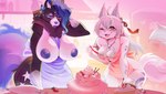 anthro apron apron_only areola bedroom_eyes big_breasts blue_areola blue_eyes blue_hair blue_nipples blue_nose blue_tongue breasts brown_body brown_fur cafe cake clothing dessert duo exposed_breasts female fog food fur hair jewelry kitchen long_hair long_tail medium_breasts narrowed_eyes nipples pink_tongue red_eyes seductive spots star tail tongue tongue_out turquoise_nipples turquoise_nose turquoise_spots turquoise_stripes white_body white_fur white_hair white_paws white_spots markisss berrie absurd_res hi_res