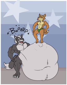 anthro belly belly_bounce big_belly brown_body brown_fur bulge burping clothed clothing duo eyes_closed feet fur green_clothing green_underwear grey_body grey_fur huge_belly humanoid_feet humanoid_torso_with_big_belly hyper hyper_belly male male/male muscular muscular_male nude obese onomatopoeia overweight plantigrade purple_eyes sound_effects tan_body tan_fur text tongue tongue_out underwear underwear_only eggo21 nintendo star_fox fox_mccloud wolf_o'donnell canid canine canis fox mammal wolf animated animated_gif hi_res short_playtime