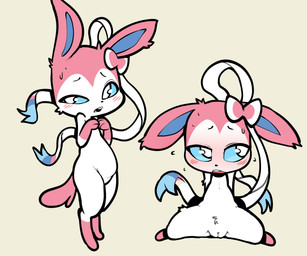 anthro biped blue_eyes blush bodily_fluids chibi female front_view genitals looking_away multiple_poses open_mouth pink_body pose simple_background solo spread_legs spreading standing sweat vulva white_body itsunknownanon nintendo pokemon eeveelution generation_6_pokemon pokemon_(species) sylveon 2022 6:5 hi_res