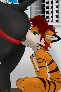 anthro black_body black_fur butt duo eating_feces feces feces_in_mouth feeding fur kneeling male male/male open_mouth pooping scatplay side_view tail young anonymous_artist anonymous anonymous_character unseenpanther felid feline felis hybrid mammal panthera hi_res
