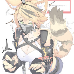 anthro big_breasts blonde_hair breasts clothing crop_top eyebrows eyelashes female fingerless_gloves fur gloves green_eyes hair handwear head_massager inner_ear_fluff kemono mask neck_tuft shirt solo tan_body tan_fur text topwear tuft yellow_body yellow_fur mocaht8 mihoyo zenless_zone_zero pulchra_fellini felid feline felis mammal thiren 1:1 2025 absurd_res hi_res translation_request