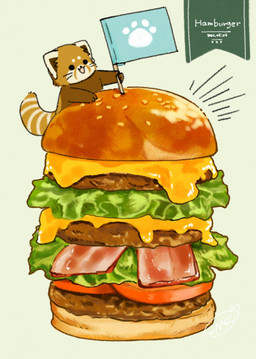 brown_body brown_fur burger chibi comically_large_object detailed_food dot_eyes feral food fur in_food kemono micro simple_eyes text shi_nominmin ailurid mammal red_panda 2021 detailed hi_res