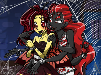 6_arms 6_eyes antennae_(anatomy) arthropod_webbing black_lipstick bound bracelet clothed clothing dress duo fangs female gloves handwear insect_wings jewelry lipstick makeup multi_arm multi_eye multi_limb piercing red_eyes red_lipstick spider_web teeth web_bondage wings hasana-chan mattel monster_high luna_mothews wydowna_spider animal_humanoid arachnid arthropod humanoid hybrid insect lepidopteran mammal moth spider 2016 4:3 hi_res